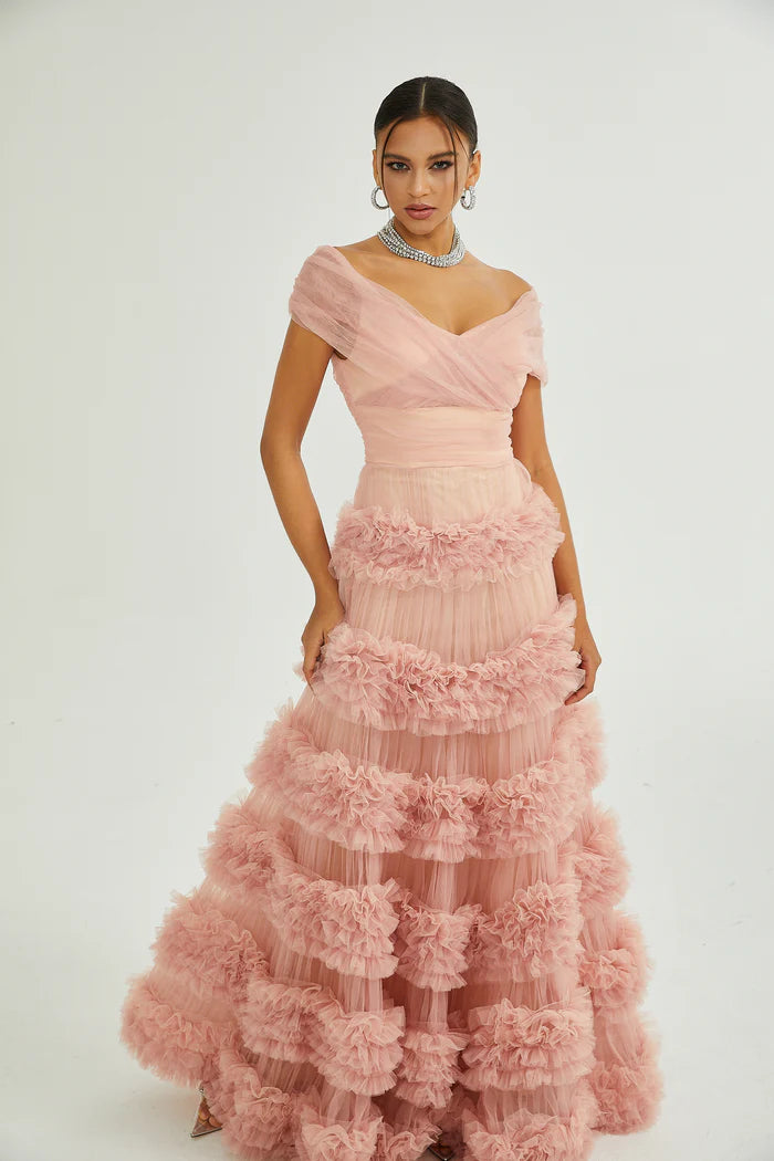 Dreamy Pink Tiered Ruffle OffTheShoulder V-Neck Back Zip Floor Length Evening Dresses