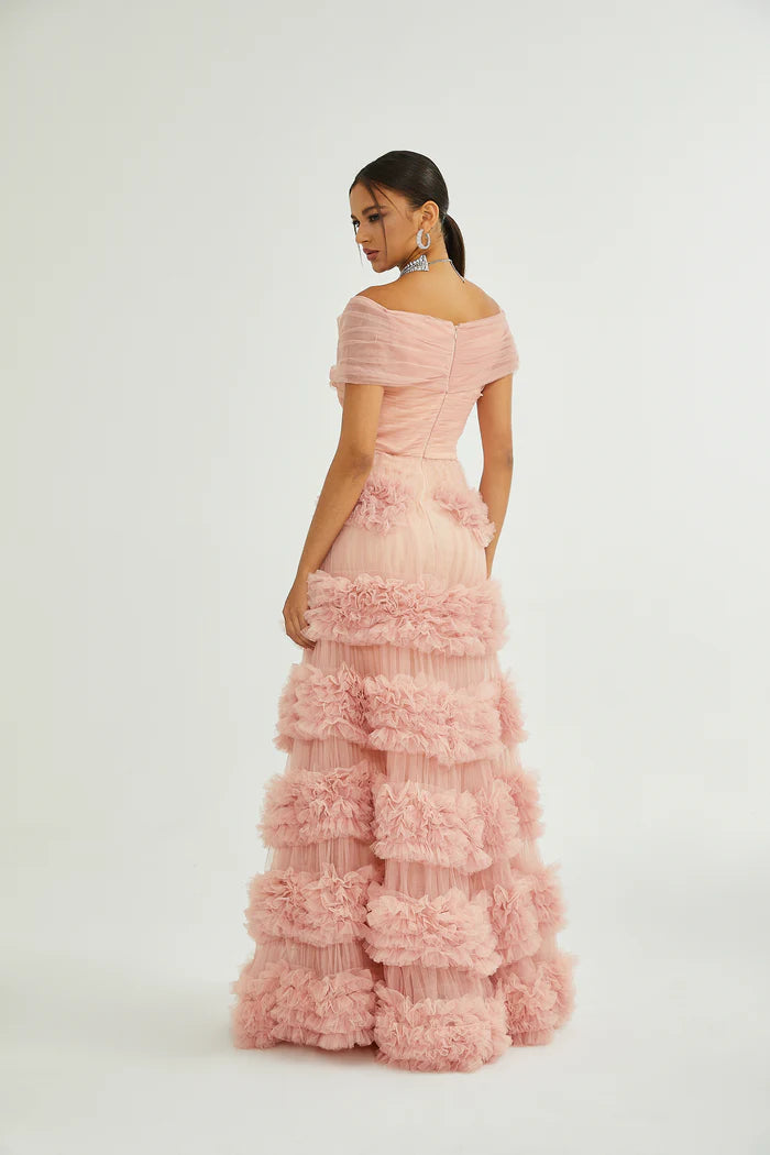 Dreamy Pink Tiered Ruffle OffTheShoulder V-Neck Back Zip Floor Length Evening Dresses