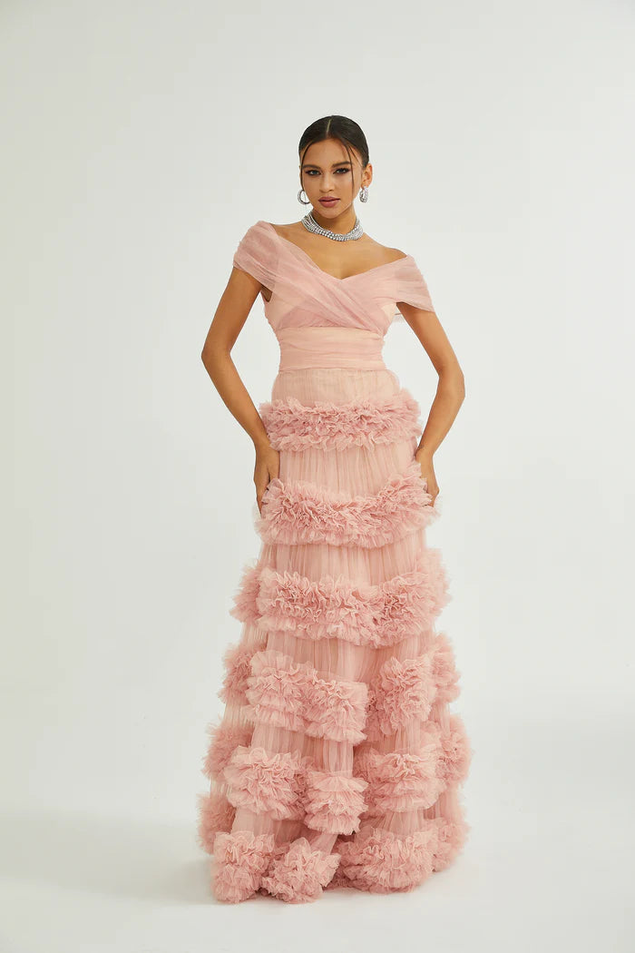 Dreamy Pink Tiered Ruffle OffTheShoulder V-Neck Back Zip Floor Length Evening Dresses