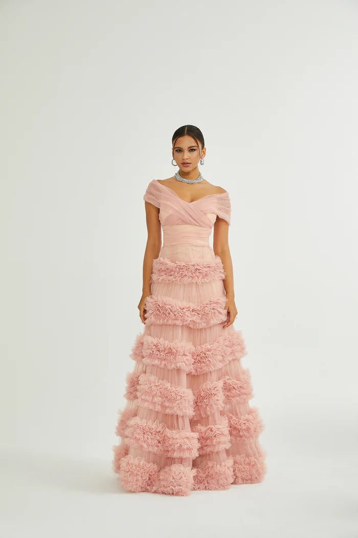 Dreamy Pink Tiered Ruffle OffTheShoulder V-Neck Back Zip Floor Length Evening Dresses