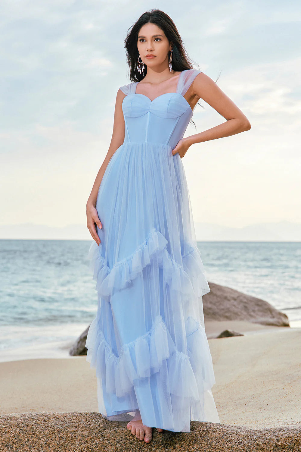 Dreamy Tulle A-Line Sweetheart Neck Sheer Strap Zipper Back Floor-Length Evening Dress