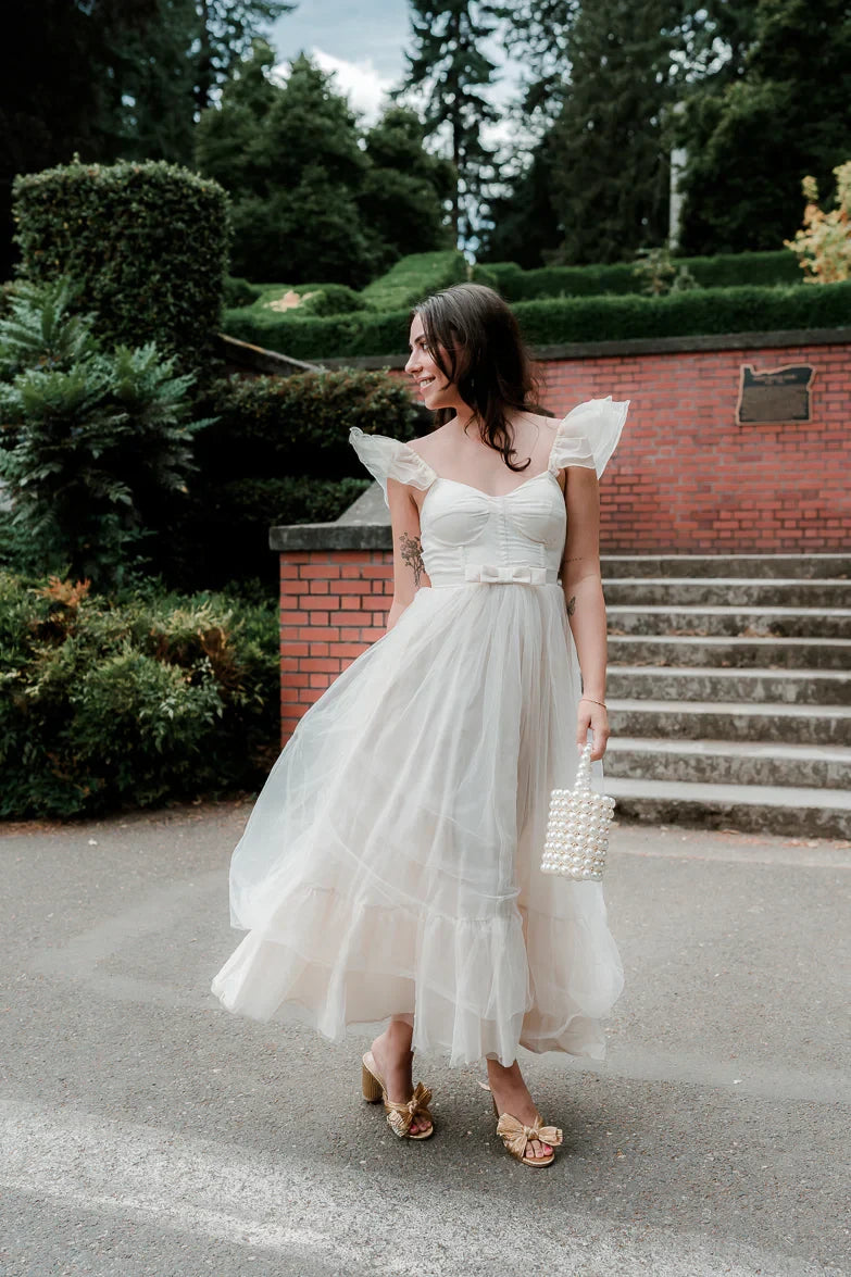Dreamy Tulle A-Line Sweetheart Neckline Flutter Sleeve Open Back Tie Midi Evening Dresses