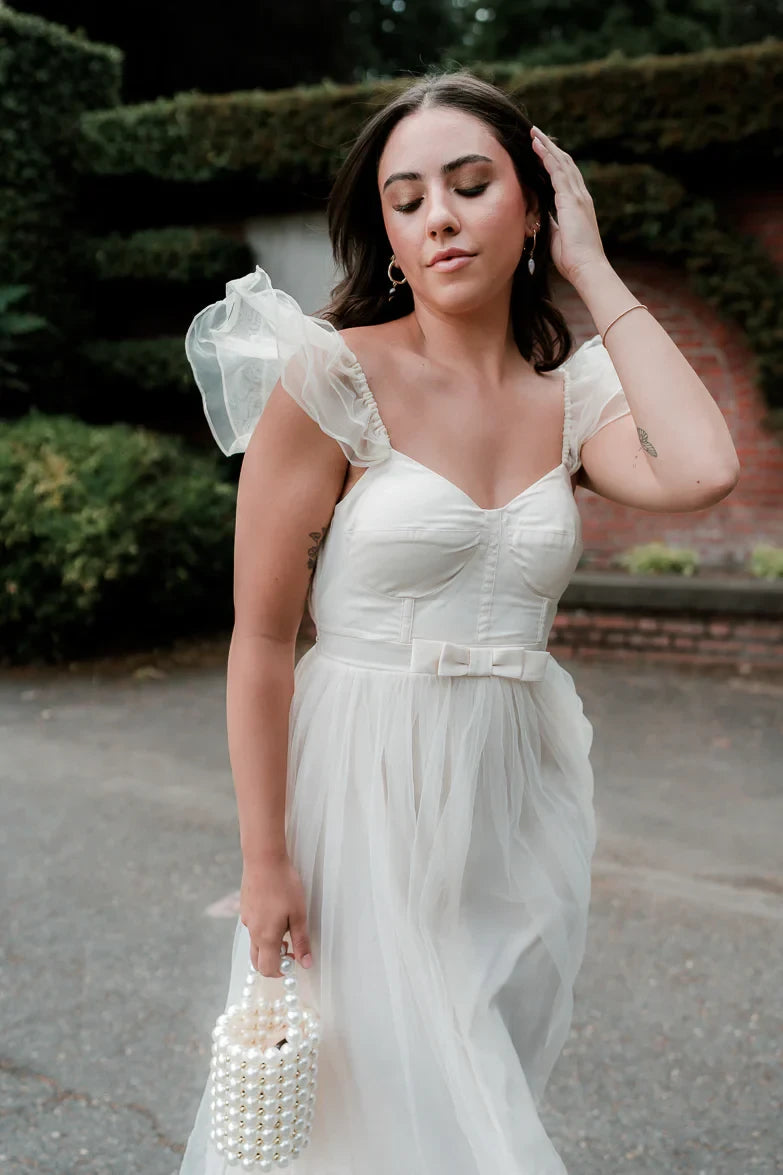 Dreamy Tulle A-Line Sweetheart Neckline Flutter Sleeve Open Back Tie Midi Evening Dresses