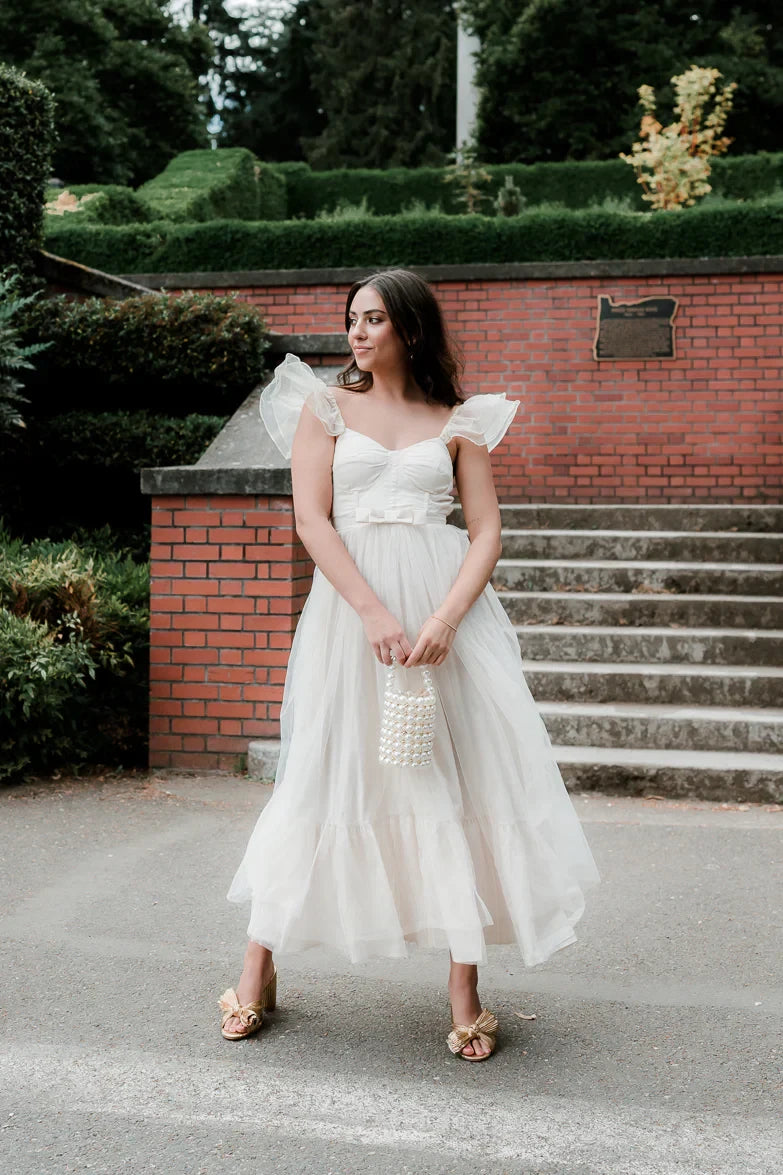 Dreamy Tulle A-Line Sweetheart Neckline Flutter Sleeve Open Back Tie Midi Evening Dresses
