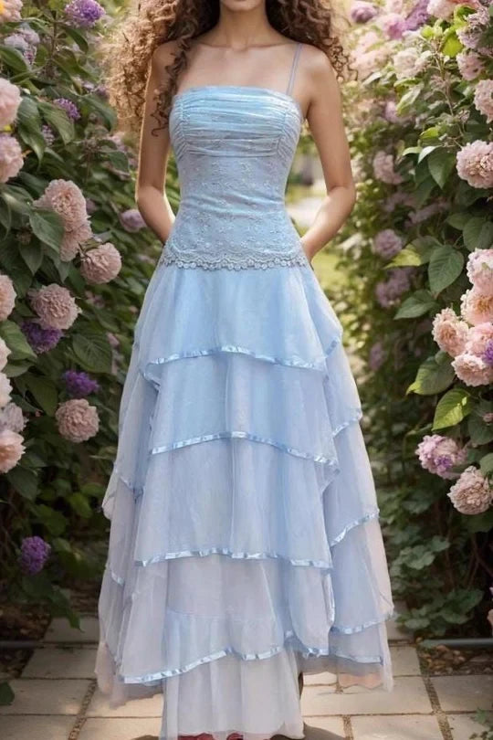 Dreamy Tulle A-Line Sweetheart Spaghetti Strap Lace-Up Back Floor-Length Tiered Ruffle Evening Dresses