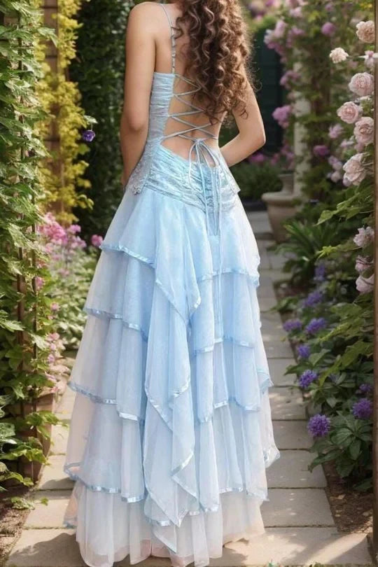 Dreamy Tulle A-Line Sweetheart Spaghetti Strap Lace-Up Back Floor-Length Tiered Ruffle Evening Dresses