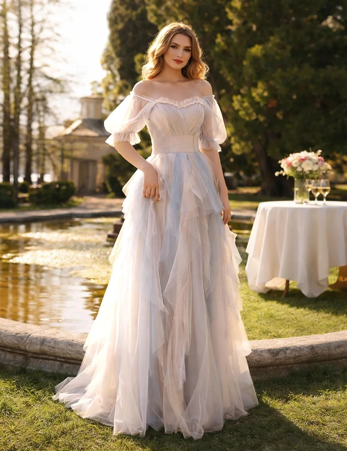 Dreamy Tulle A-Line With Sleeves Off-Shoulder Puffy Sleeve Square Back Floor-Length Prom Dresses