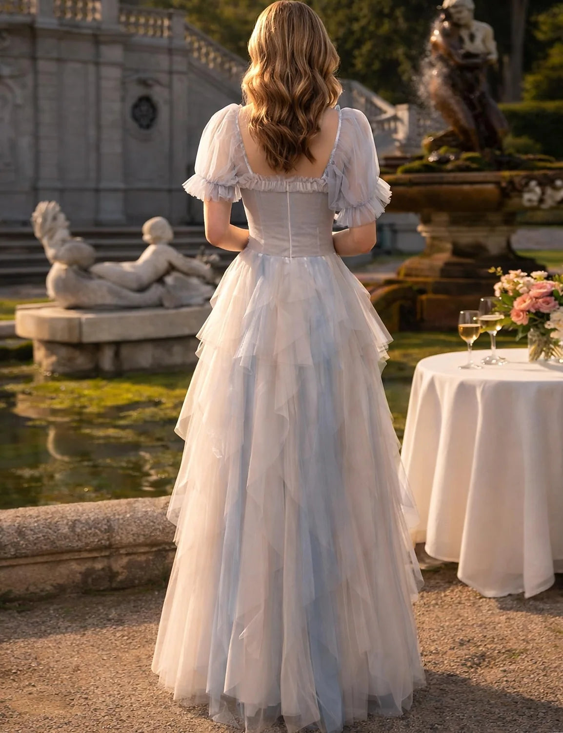 Dreamy Tulle A-Line With Sleeves Off-Shoulder Puffy Sleeve Square Back Floor-Length Prom Dresses
