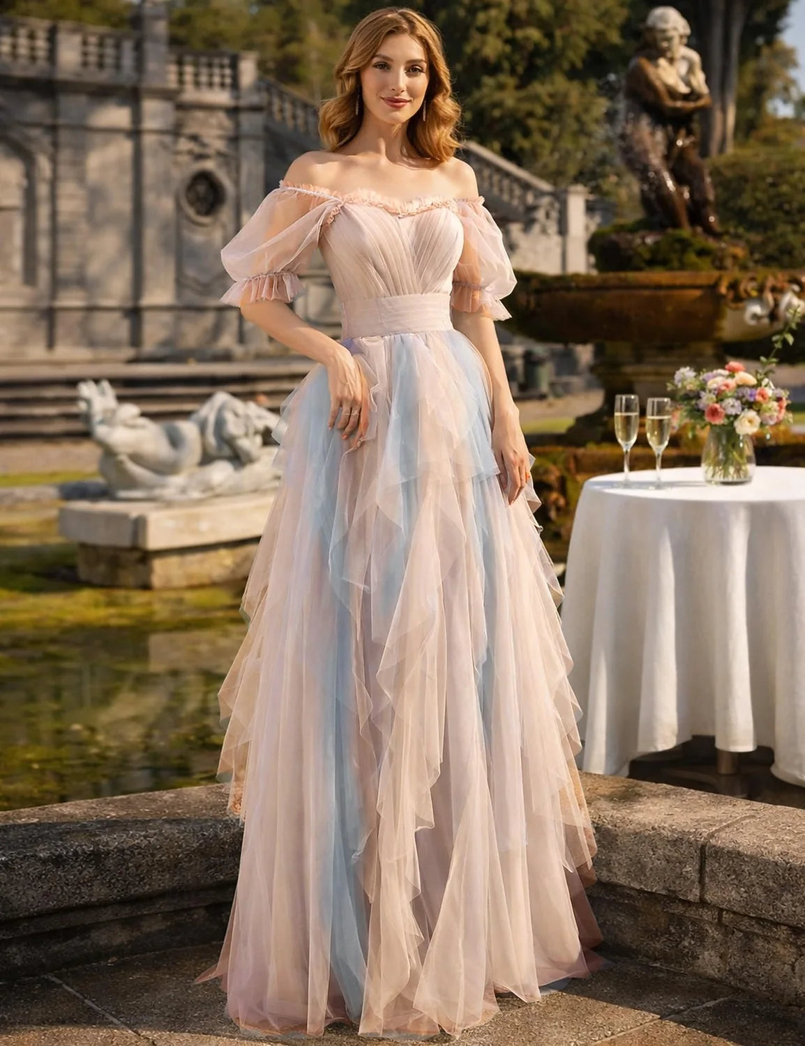 Dreamy Tulle A-Line With Sleeves Off-Shoulder Puffy Sleeve Square Back Floor-Length Prom Dresses