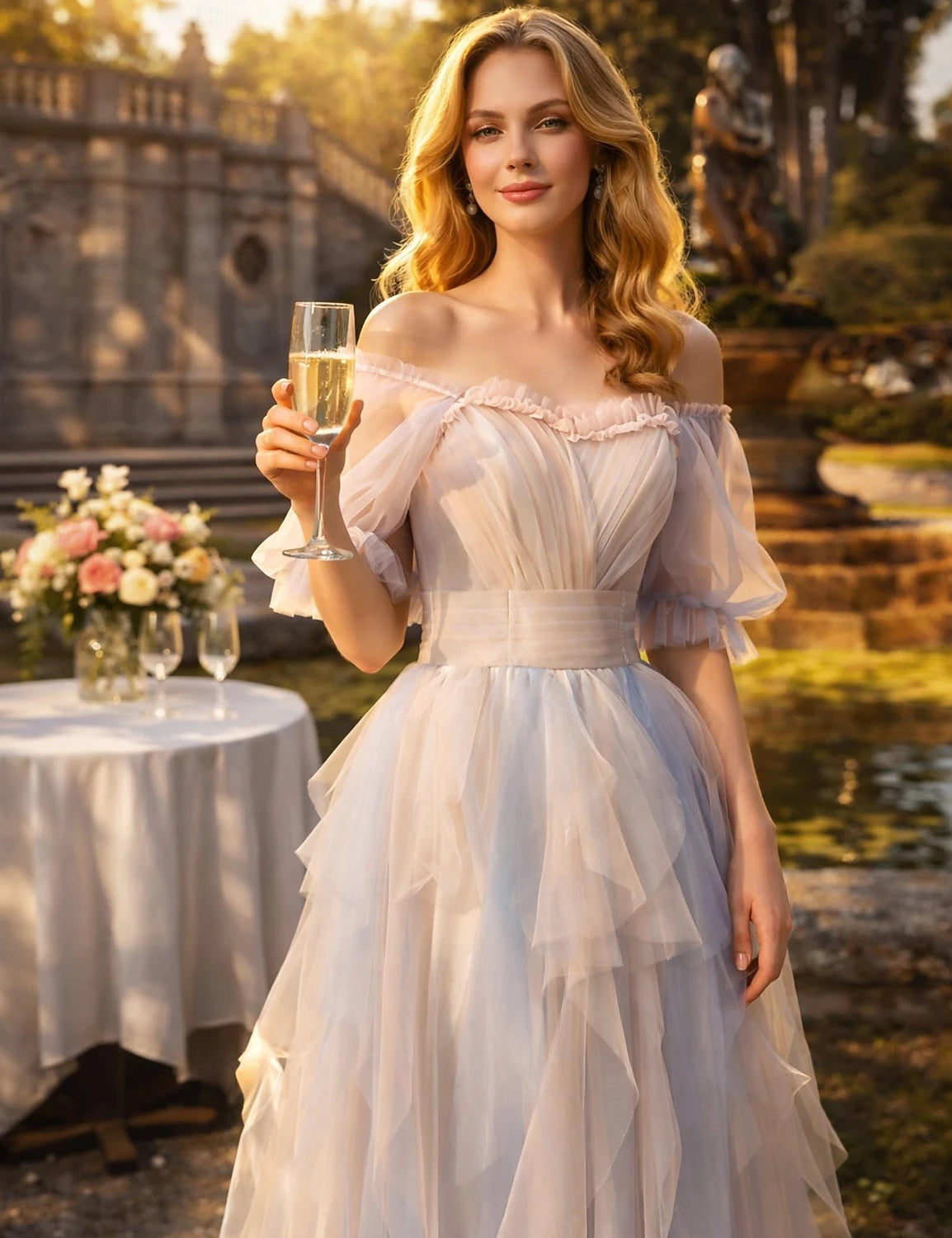 Dreamy Tulle A-Line With Sleeves Off-Shoulder Puffy Sleeve Square Back Floor-Length Prom Dresses