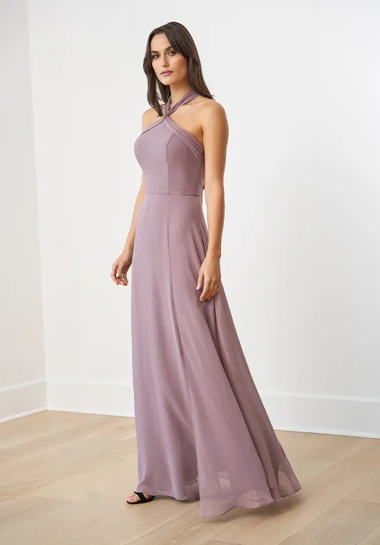 Dusk Purple Chiffon Halter Twist Neck Crisscross Tie Back A-Line Floor Length Bridesmaid Dresses