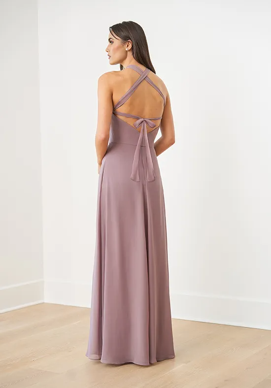 Dusk Purple Chiffon Halter Twist Neck Crisscross Tie Back A-Line Floor Length Bridesmaid Dresses
