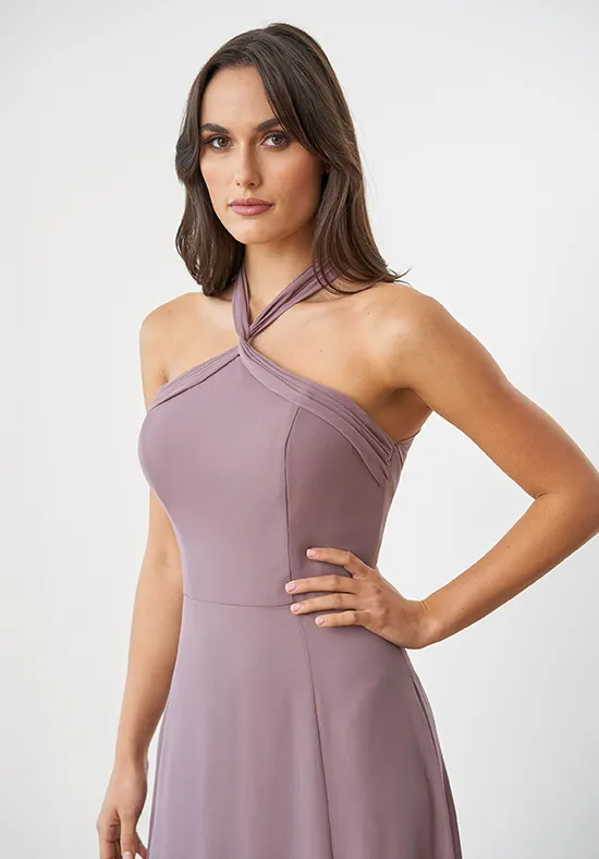 Dusk Purple Chiffon Halter Twist Neck Crisscross Tie Back A-Line Floor Length Bridesmaid Dresses