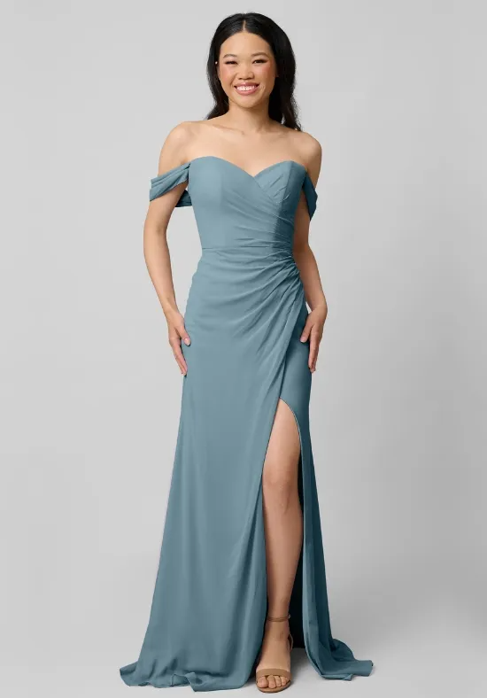 Dusty Blue Chiffon Off Shoulder Sweetheart Ruched Side High Slit Mermaid Floor Length Bridesmaid Dresses