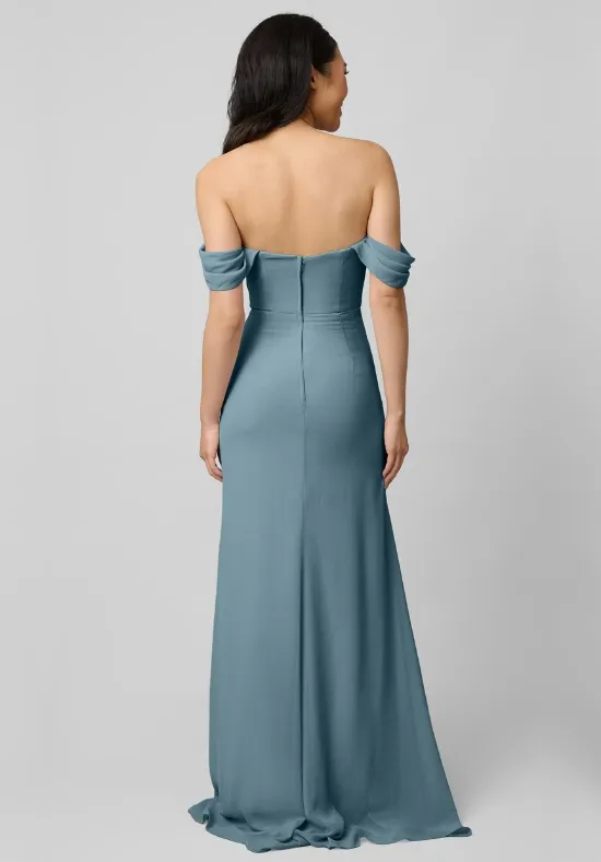 Dusty Blue Chiffon Off Shoulder Sweetheart Ruched Side High Slit Mermaid Floor Length Bridesmaid Dresses
