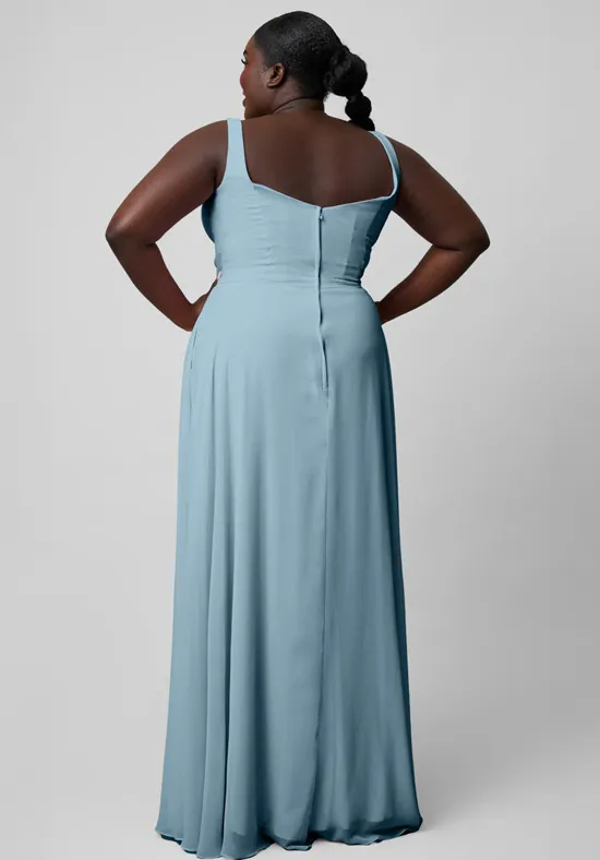 Dusty Blue Chiffon Thick Strap Sweetheart Side Pocket High Slit A-Line Floor Length Bridesmaid Dresses