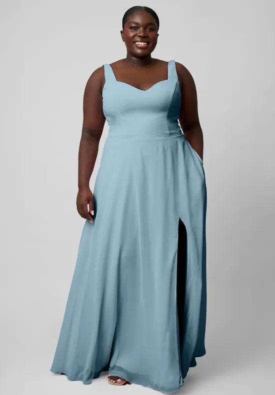 Dusty Blue Chiffon Thick Strap Sweetheart Side Pocket High Slit A-Line Floor Length Bridesmaid Dresses