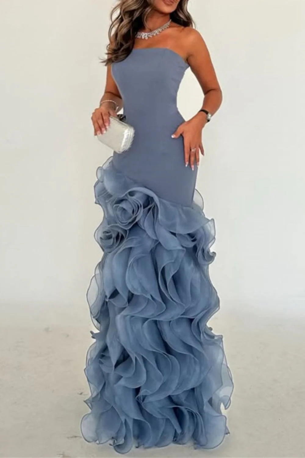 Dusty Blue Mermaid Strapless Lace Up Long Tulle Evening Dresses