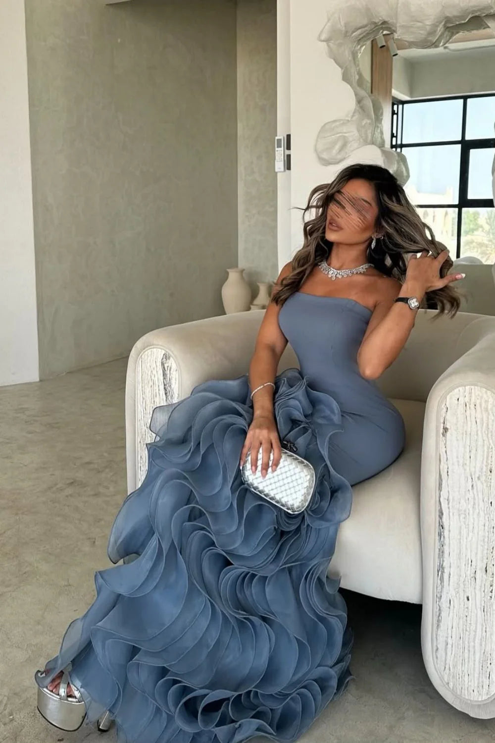 Dusty Blue Mermaid Strapless Lace Up Long Tulle Evening Dresses