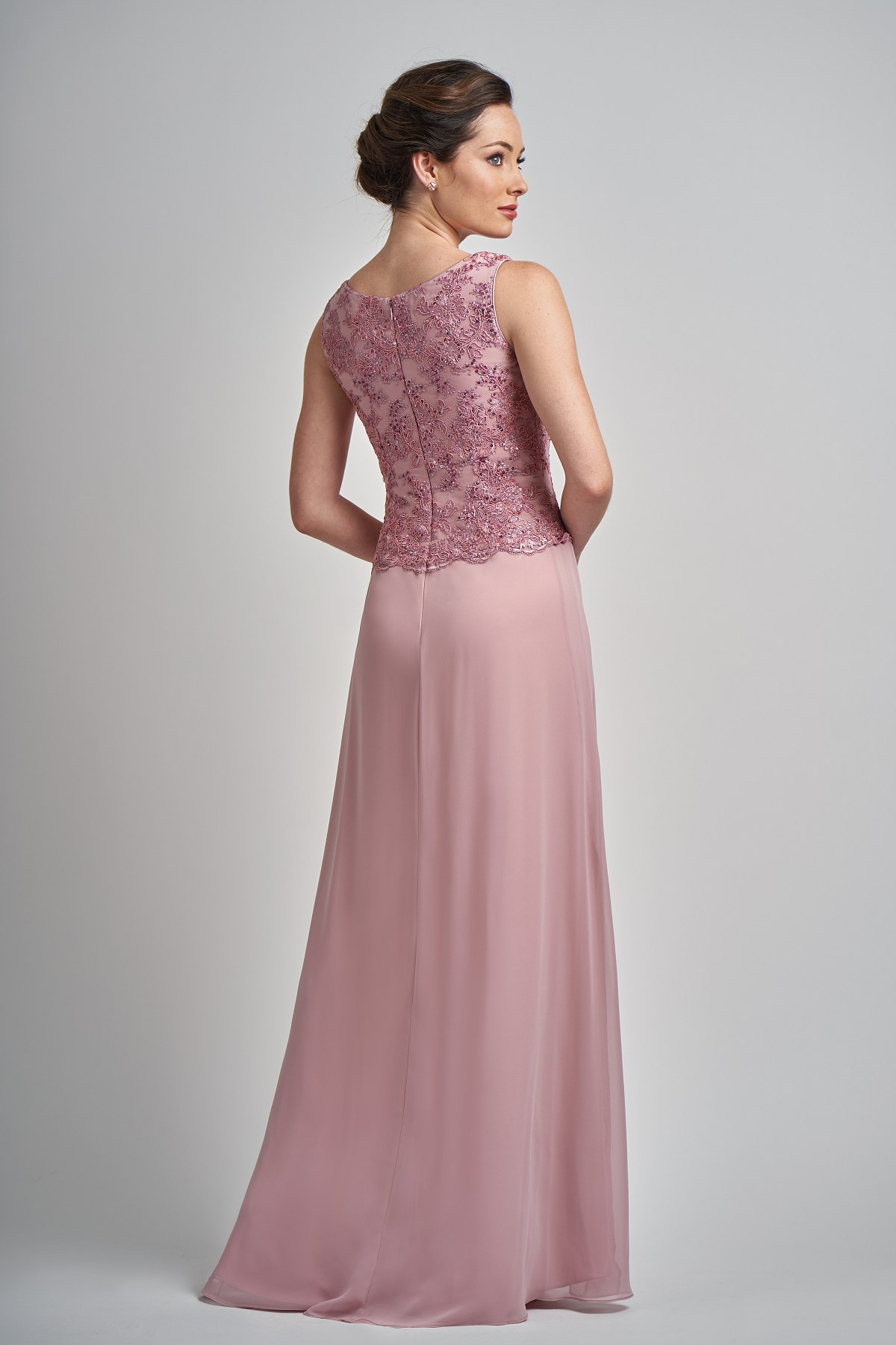 Dusty Pink Chiffon Two Piece Lace Beaded Sleeveless Matching 3/4 Sleeve Jacket Mother of the Bride Dress