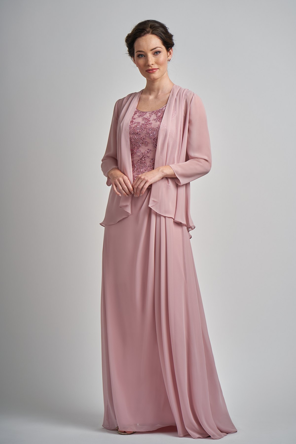 Dusty Pink Chiffon Two Piece Lace Beaded Sleeveless Matching 3/4 Sleeve Jacket Mother of the Bride Dress