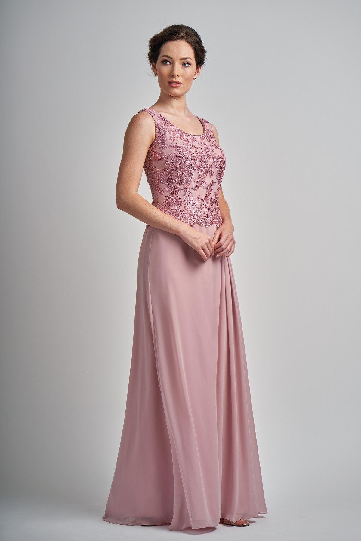 Dusty Pink Chiffon Two Piece Lace Beaded Sleeveless Matching 3/4 Sleeve Jacket Mother of the Bride Dress