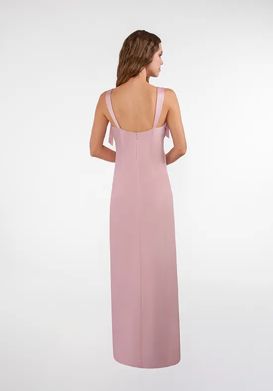 Dusty Pink Satin Bow Spaghetti Strap Cowl Neck Column Floor Length Bridesmaid Dresses
