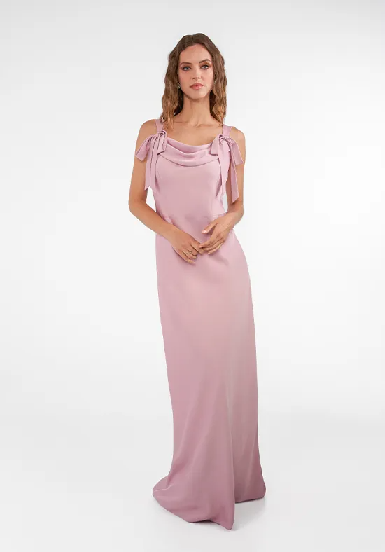 Dusty Pink Satin Bow Spaghetti Strap Cowl Neck Column Floor Length Bridesmaid Dresses
