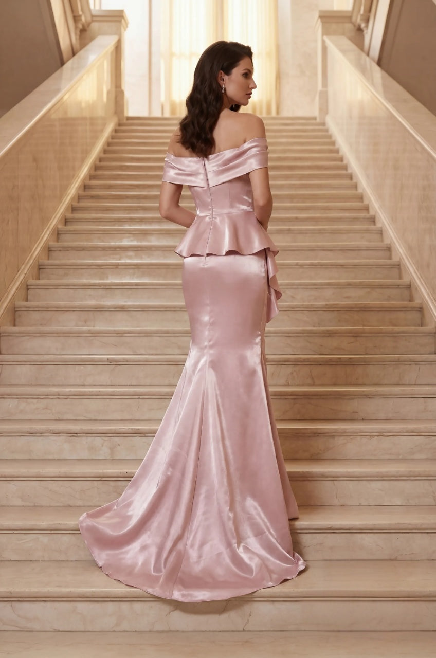 Dusty Pink Satin Mermaid Off-the-shoulder Peplum Ruffle Zipper Back Slit Train Floor-length Mother of the Bride Dresses