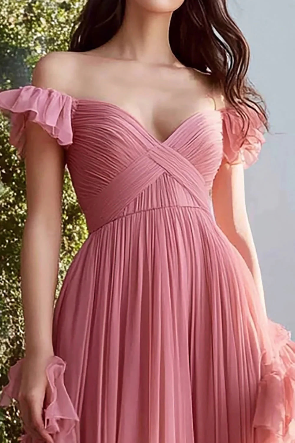 Dusty Rose A Line Chiffon Off The Shoulder Long Prom Dress with Ruffles