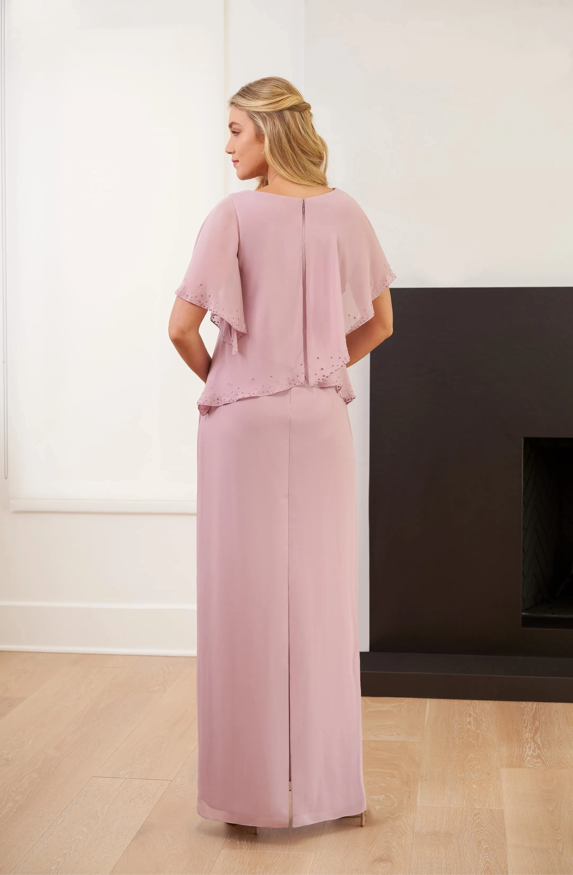 Dusty Rose Chiffon Two Piece V-Neck Rhinestone Ruffle Overlay Flutter Sleeve Mother of the Bride Dress