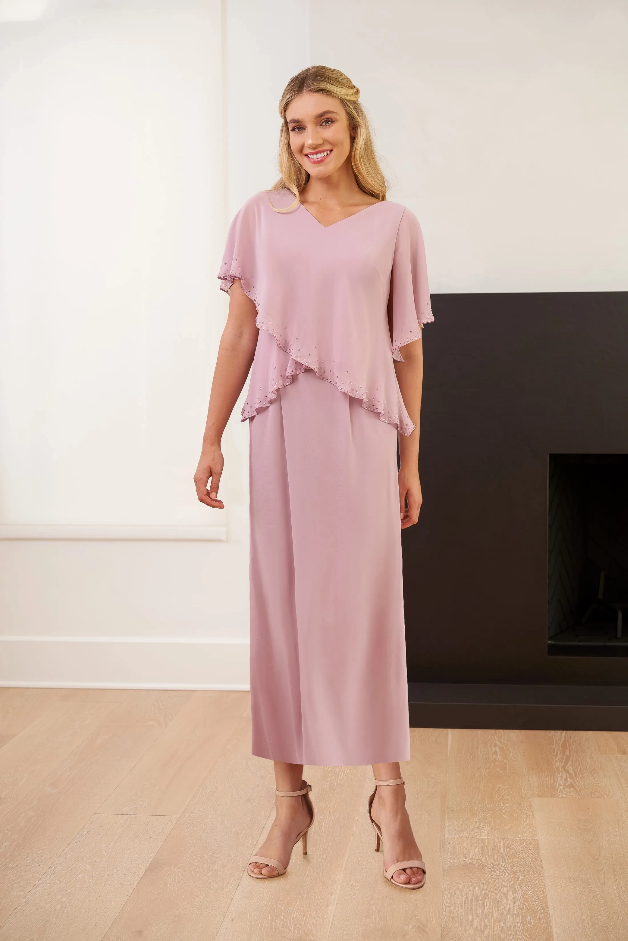 Dusty Rose Chiffon Two Piece V-Neck Rhinestone Ruffle Overlay Flutter Sleeve Mother of the Bride Dress