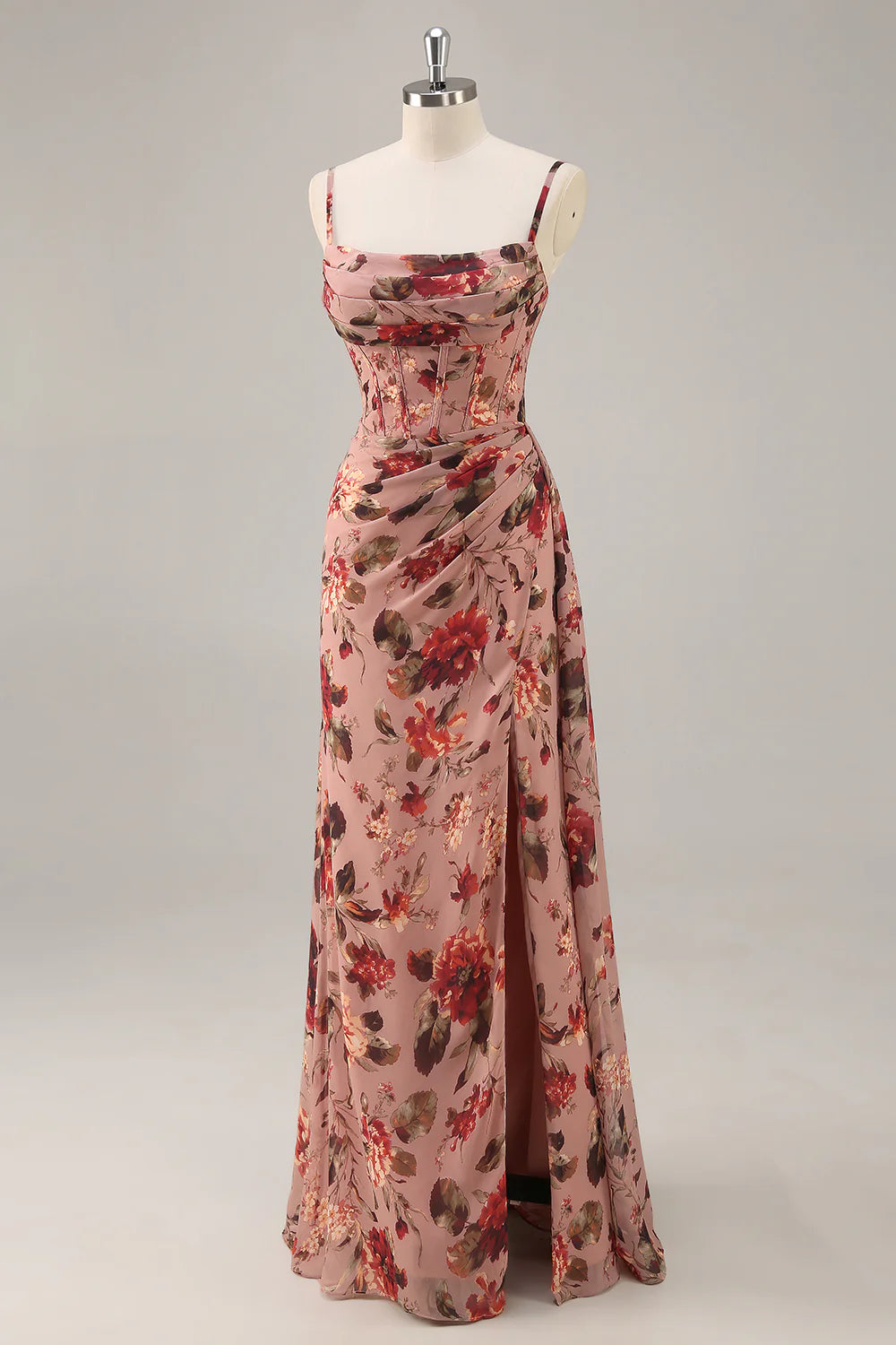 Dusty Rose Flower Sheath Corset Ruched Beaded Maxi Dress with Slit