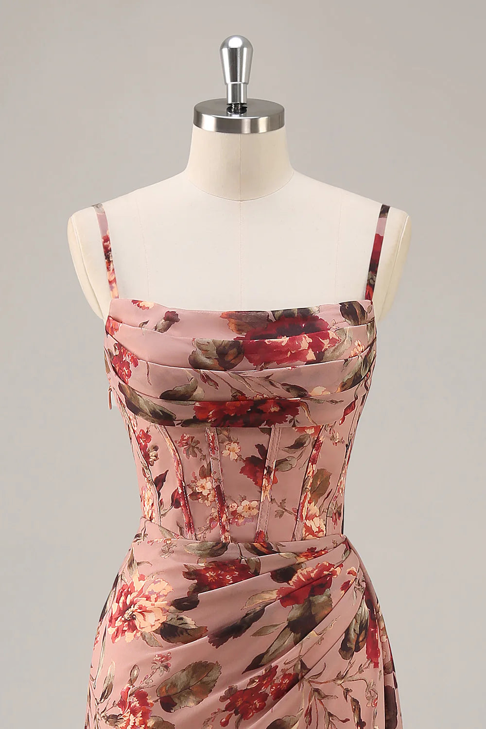 Dusty Rose Flower Sheath Corset Ruched Beaded Maxi Dress with Slit