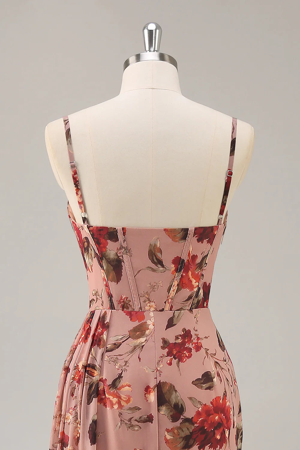 Dusty Rose Flower Sheath Corset Ruched Beaded Maxi Dress with Slit