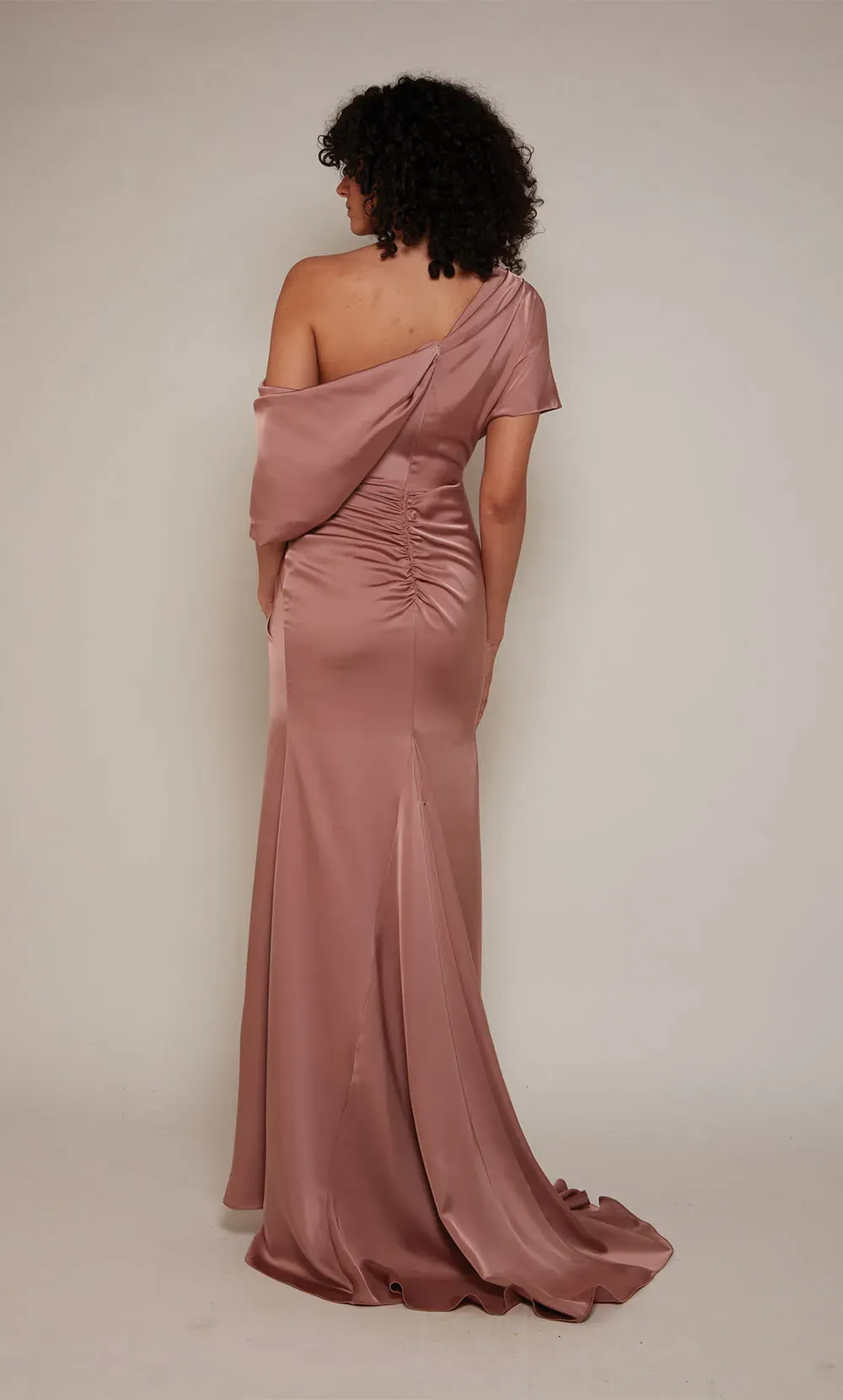 Dusty Rose Satin One Shoulder Draped Sleeve Ruched Back High Slit Mermaid Mother of the Bride Dress