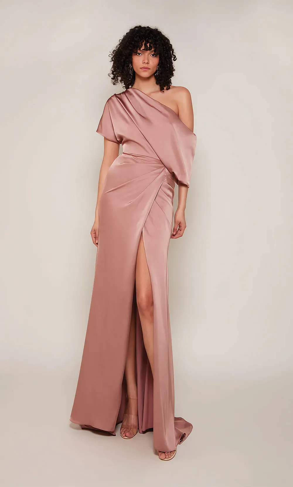 Dusty Rose Satin One Shoulder Draped Sleeve Ruched Back High Slit Mermaid Mother of the Bride Dress
