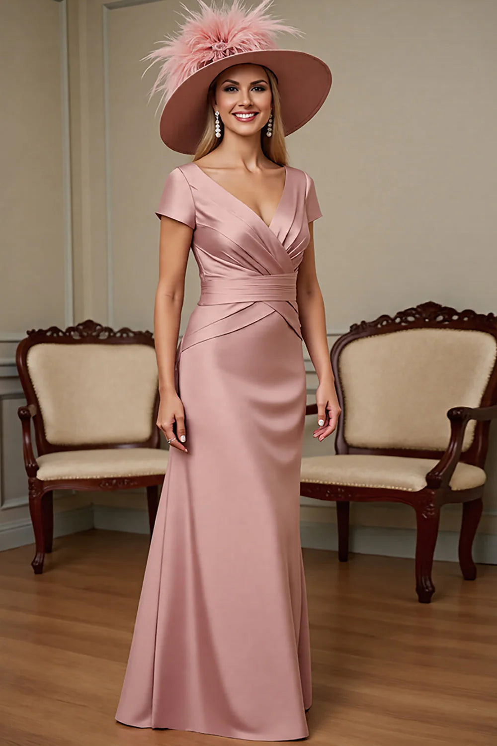Dusty Rose Satin Sheath Long Mother of the Bride Dress with Short Sleeves