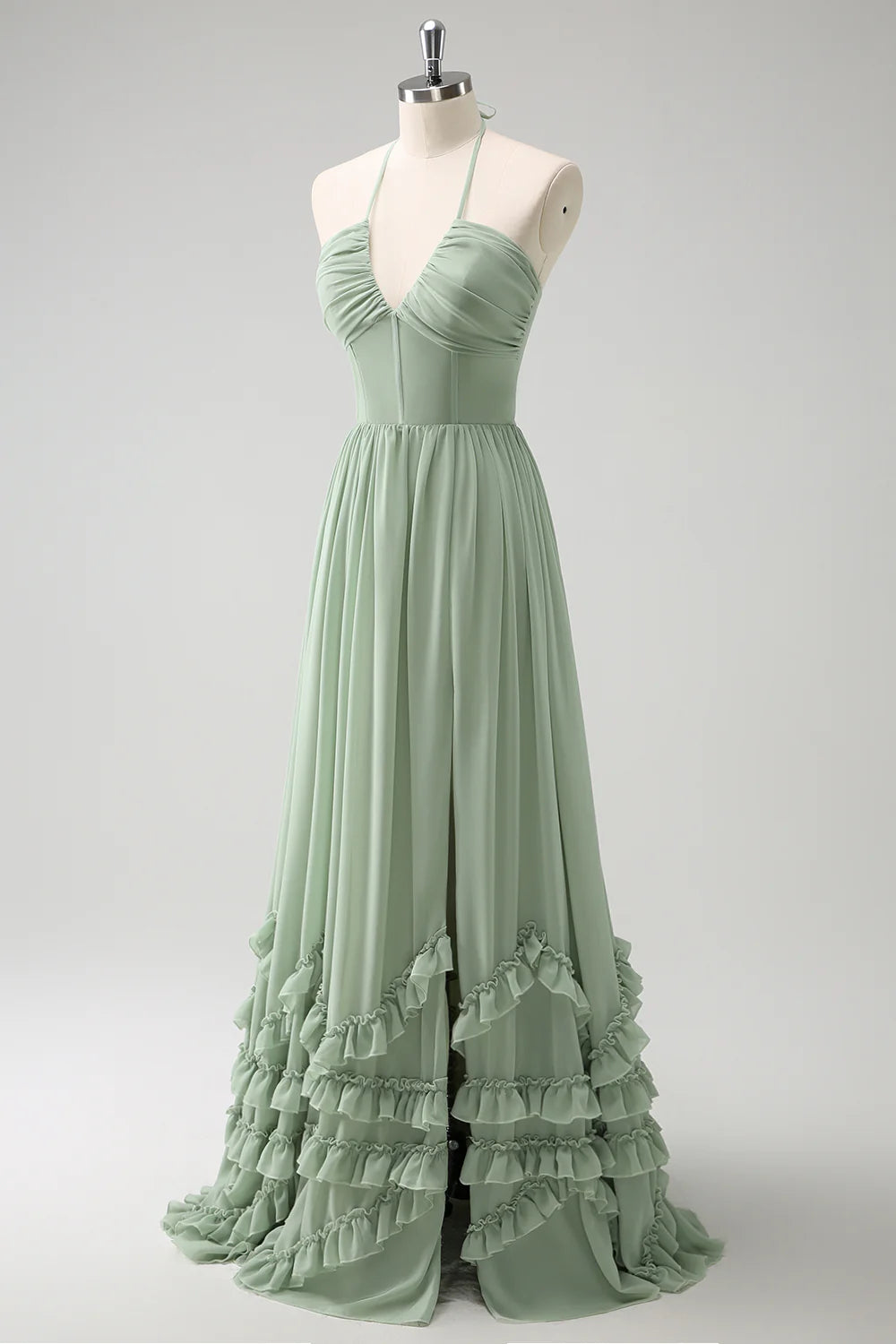 Dusty Sage A-Line Halter Ruched Chiffon Ruffle Long Bridesmaid Dress with Slit