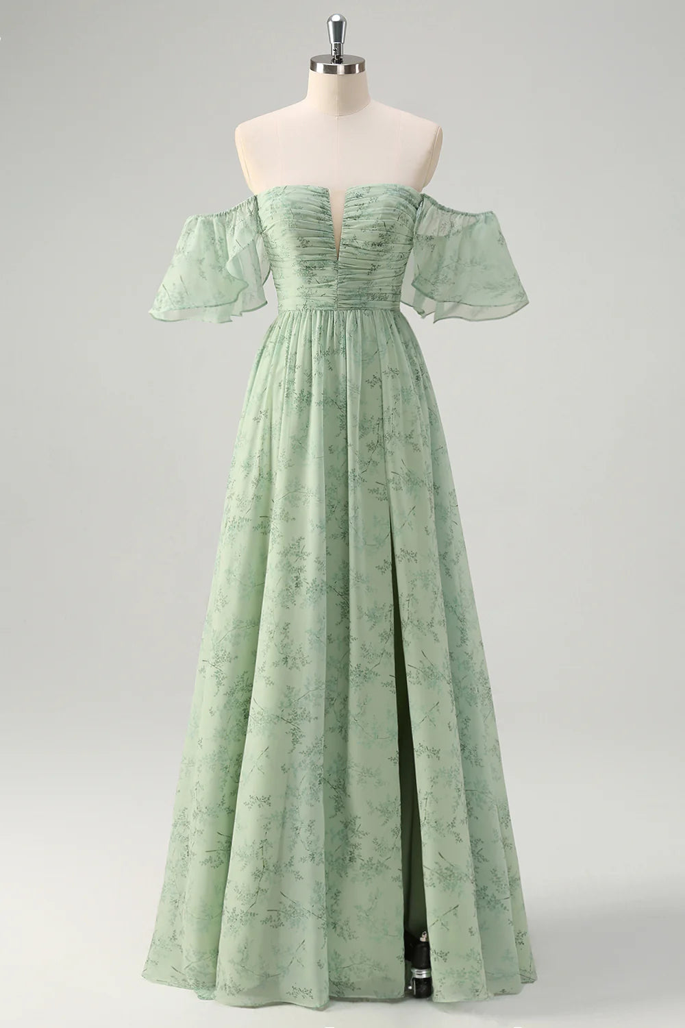 Dusty Sage A-Line Off The Shoulder Pleated Long Bridesmaid Dress with Slit