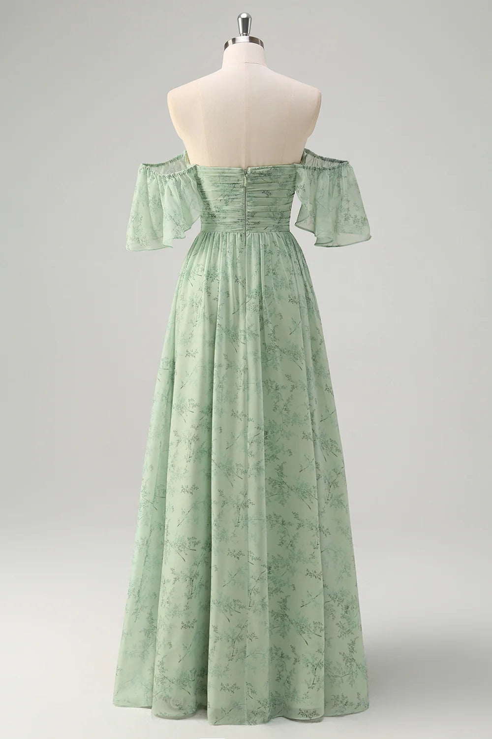 Dusty Sage A-Line Off The Shoulder Pleated Long Bridesmaid Dress with Slit