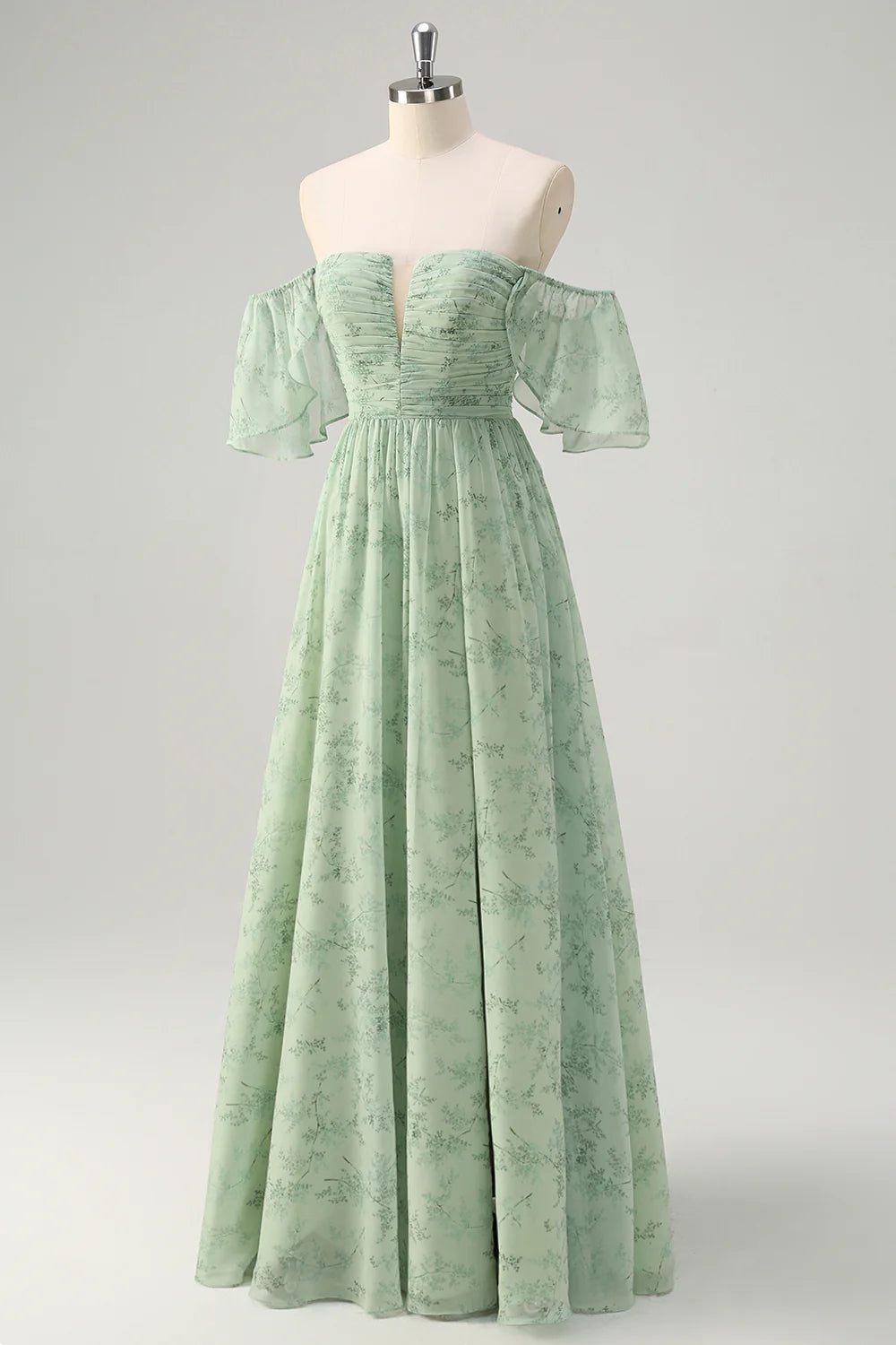 Dusty Sage A-Line Off The Shoulder Pleated Long Bridesmaid Dress with Slit