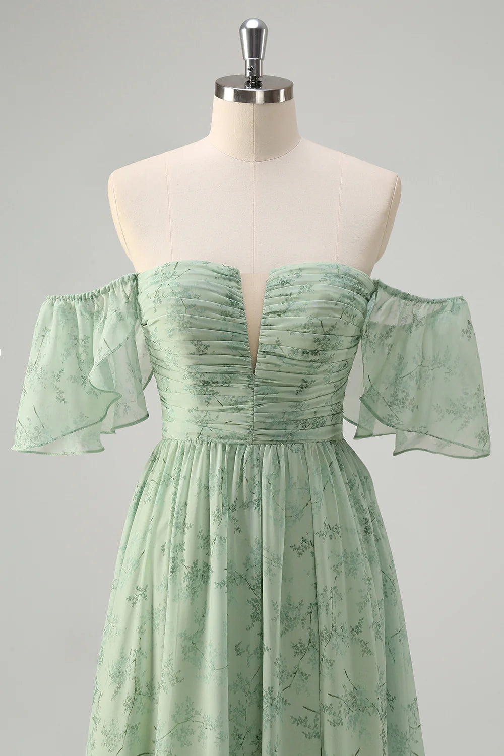 Dusty Sage A-Line Off The Shoulder Pleated Long Bridesmaid Dress with Slit