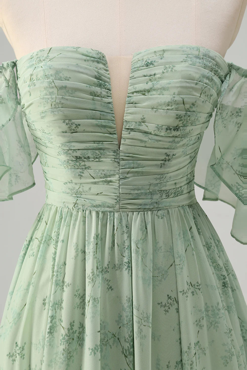 Dusty Sage A-Line Off The Shoulder Pleated Long Bridesmaid Dress with Slit