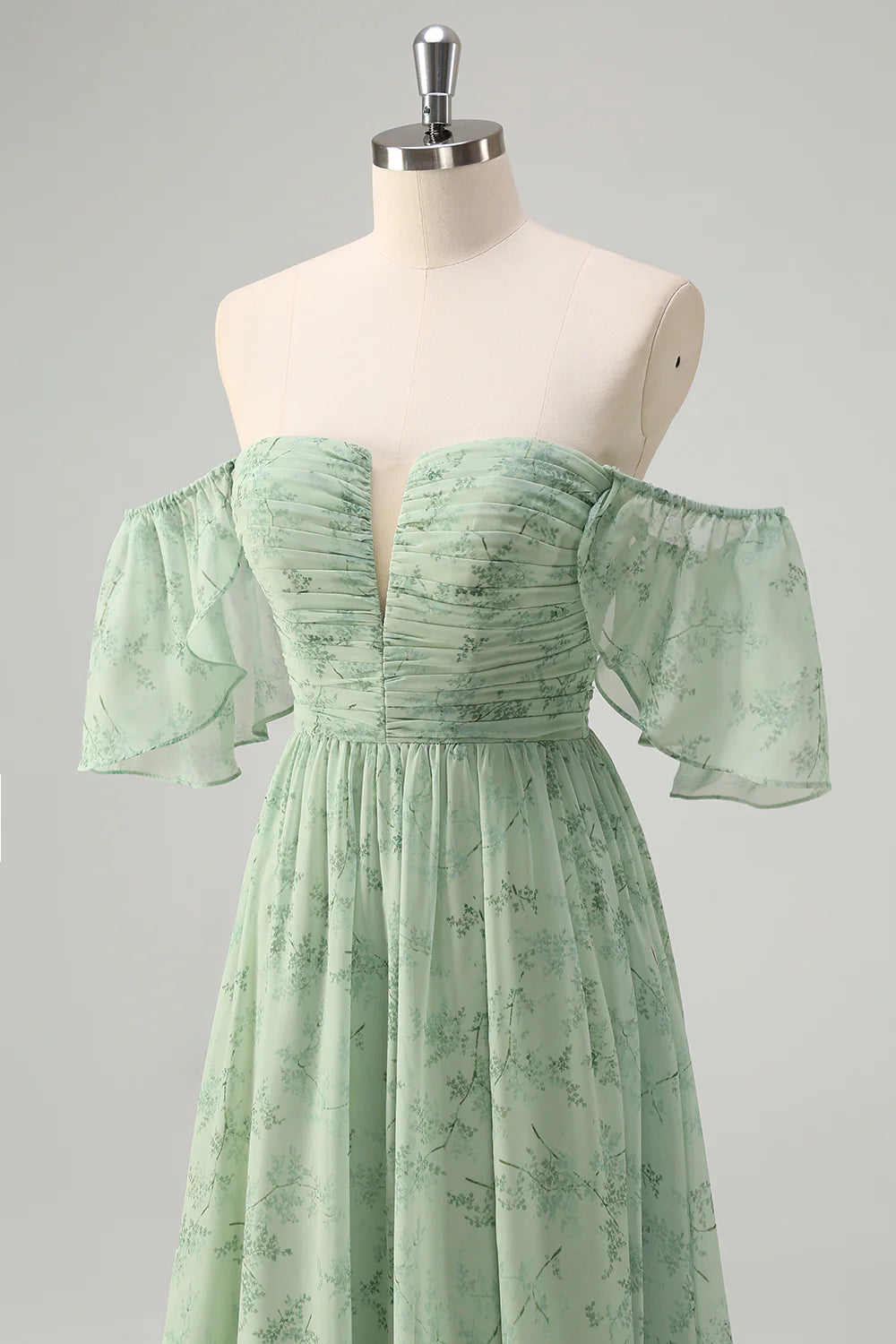 Dusty Sage A-Line Off The Shoulder Pleated Long Bridesmaid Dress with Slit