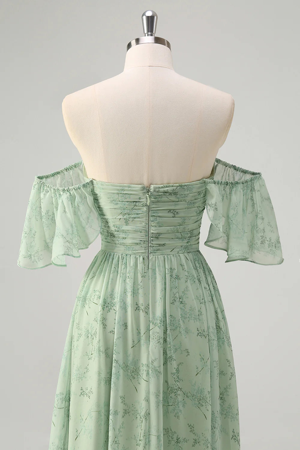 Dusty Sage A-Line Off The Shoulder Pleated Long Bridesmaid Dress with Slit