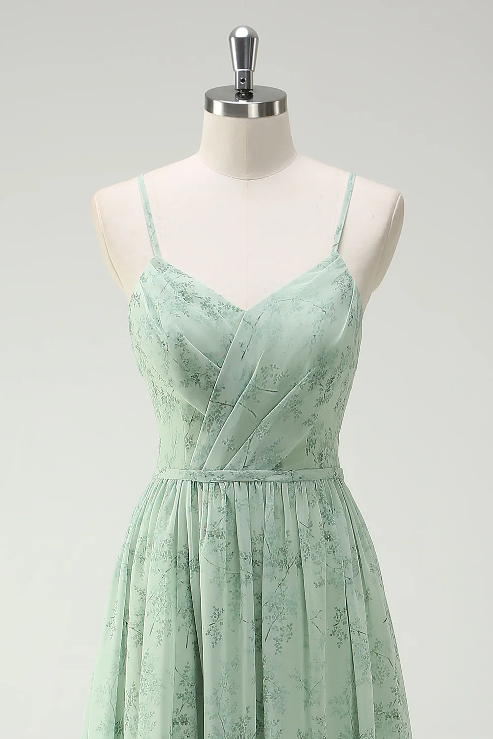 Dusty Sage A-Line Spaghetti Straps Pleated Print Long Bridesmaid Dress with Slit