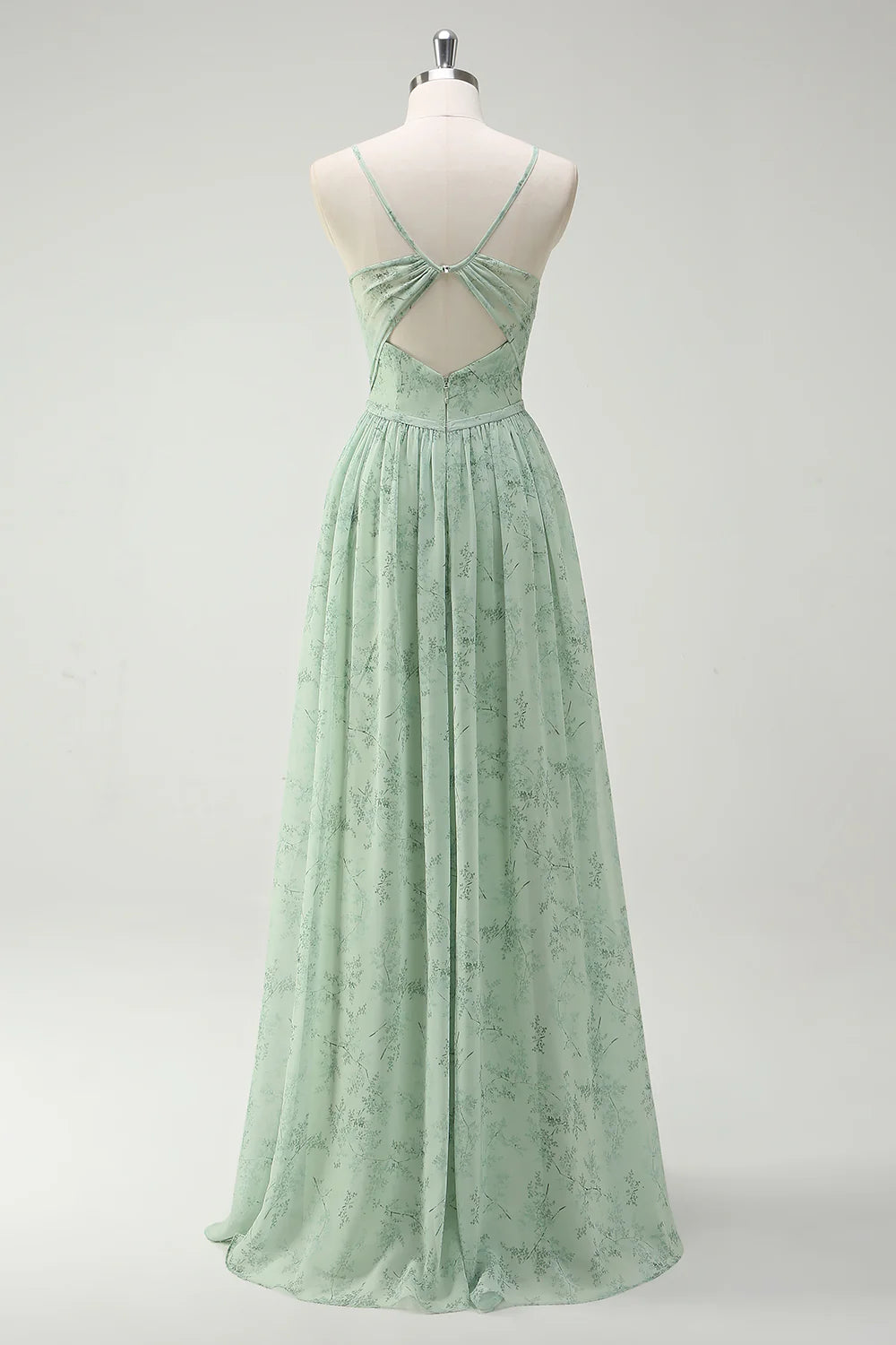 Dusty Sage A-Line Spaghetti Straps Pleated Print Long Bridesmaid Dress with Slit