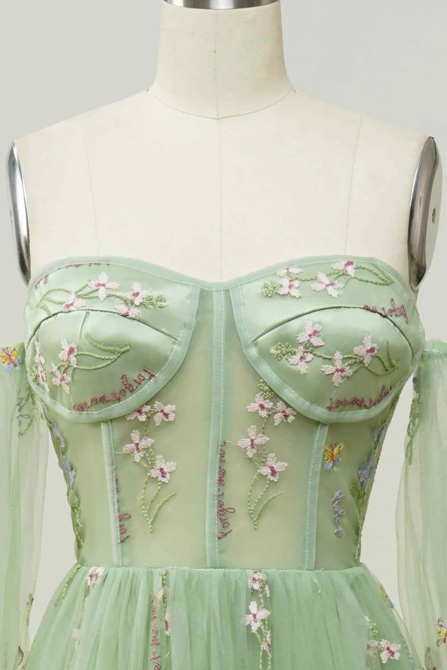 Dusty Sage A-line Off-Shoulder Long Sleeves Tulle Applique Long Prom Dress