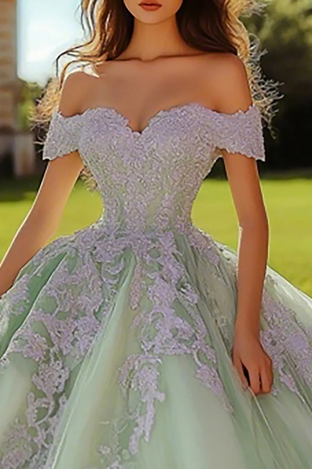 Dusty Sage Tulle Ball Gown Long Quinceanera Dress with Lace